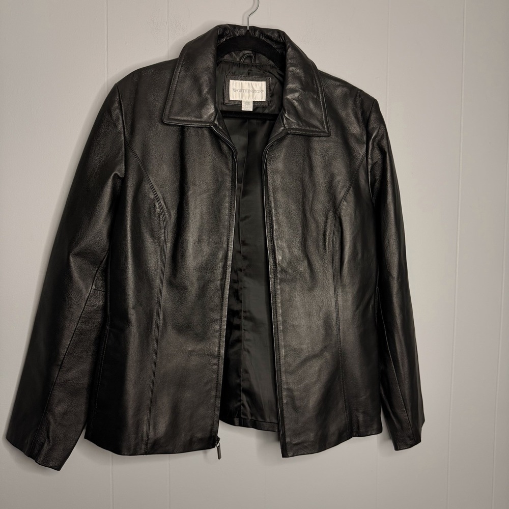 Vintage Worthington Women's Leather Jacket Size Large Black Zip Front Pockets - Picture 5 of 12